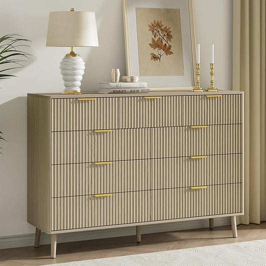 LYNSOM Fluted 9 Drawer Dresser for Bedroom, 55" Wide Modern Chest of Drawers with Curved Profile Design and Metal Handles, Wood Dresser TV Stand & Storage Organizer for Bedroom, Hallway, Beige