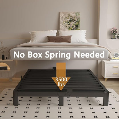 Queen Bed Frame 4 Inch Black, Metal Platform Bed Frame Queen Size with Baffles, No Box Spring Needed, Heavy Duty Steel Support, Rounded Corner Design, Reserved Holes, Noise Free, Easy Assembly