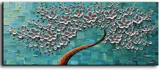 YaSheng Art - 24x60inch Large Wall Art Flowers Oil Painting On Canvas Texture Palette Knife 3D Silver Flowers Tree Paintings Abstract Artwork Canvas Wall Art Home Living Room Decor Painting