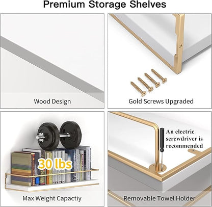 Shario White Floating Shelves - Set of 2, Wall Mounted Hanging Shelves with Golden Towel Rack, Decorative Storage Shelves for Bathroom, Kitchen, Living Room & Bedroom (White Gold, 15.7 Inches) | Hanging Shelves, for Bathroom, Kitchen, Living Room, Bedroom