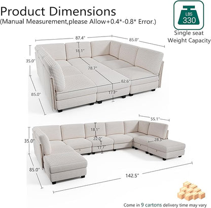 Modular Sectional Sofa with Adjustable Backrest, Large Convertible L/U-Shaped Sleeper Couch for Living Room, Cloud Sofa Bed Modern Reversible Design, White