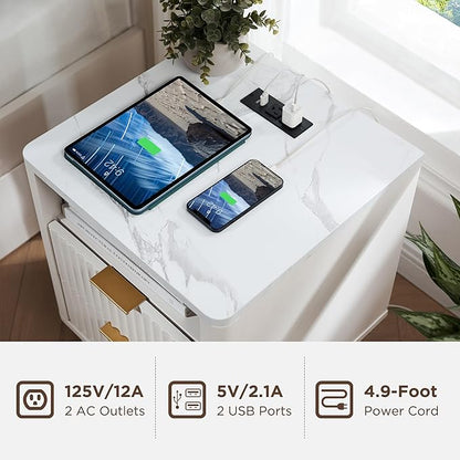 T4TREAM Fluted Nightstand Set of 2 with Charging Station, 18" Modern SideTable with Faux Marble Top, 2 Drawer End Table w/Storage, Bedside Table for Bedroom, Living Room, Curved Profile, Solid White