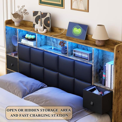 LED Bed Frame King Size with Bookshelf PU Leather Headboard, 2 Hidden Storage Drawers, Upholstered Platform Bed with Charging Station, Metal Slats Support, Noise Free, No Box Spring Needed