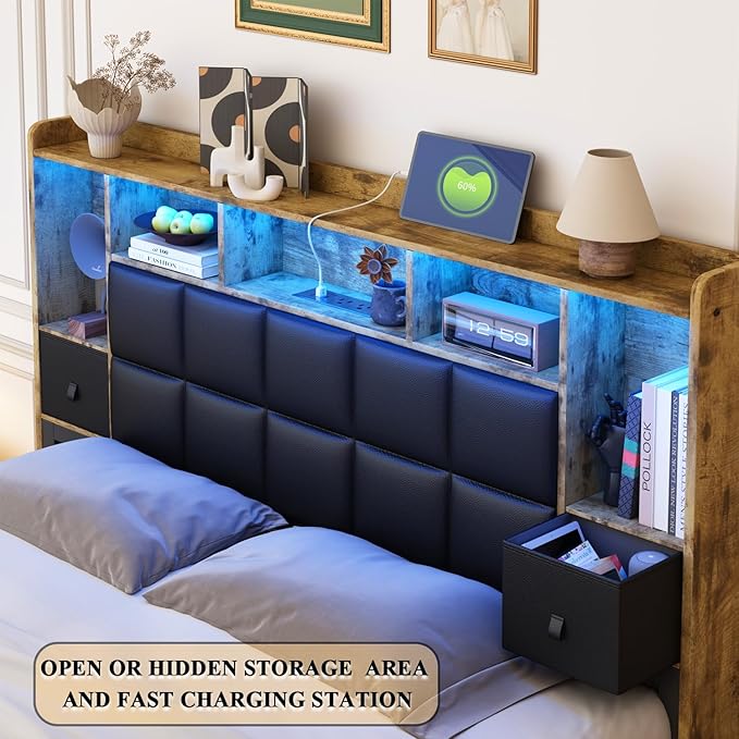 LED Bed Frame Full Size with Bookshelf PU Leather Headboard, 2 Hidden Storage Drawers, Upholstered Platform Bed with Charging Station, Metal Slats Support, Noise Free, No Box Spring Needed