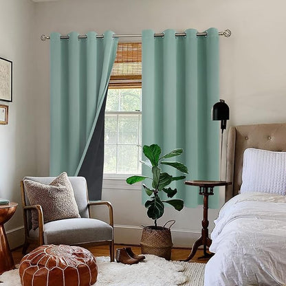 BGment Thermal Insulated 100% Blackout Curtains for Bedroom with Black Liner, Double Layer Full Room Darkening Noise Reducing Grommet Curtain (52 x 63 Inch, Frosty Green, 2 Panels)