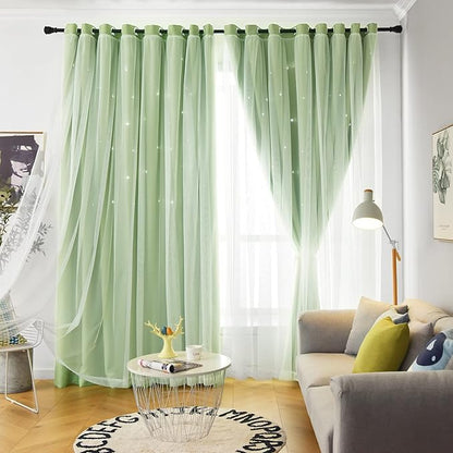 Star Double Layer Blackout Curtains for Bedroom & Kids, Cute, 84 Inch Long 2 Panel Set, Green, 42 x 84 Inch