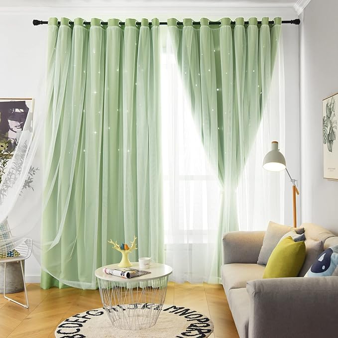 Star Curtains Double Layer Curtains Blackout Curtains for Bedroom Kids Curtains Cute Curtains, Curtains 72 Inches Long 2 Panels Set, Green Curtains, 42 X 72 Inches