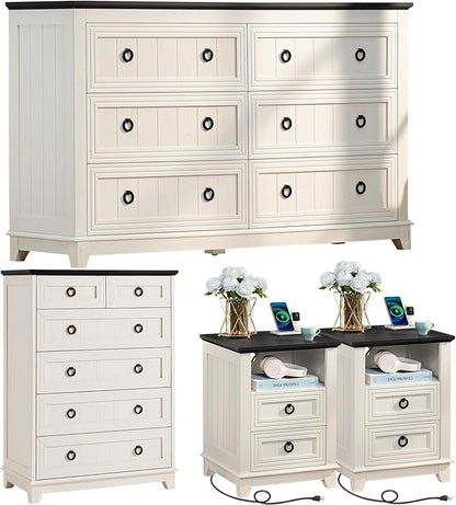 Bedroom Dresser and Nightstand Sets 4 Piece, Farmhouse 6 Drawers Dresser & 40.5" Tall Chest of Drawers,18" Nightstands with Charging Station,54" Wide Furniture Dressers for Bedroom,Living Room