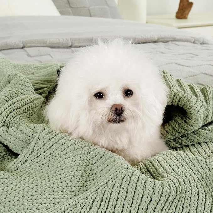 Amélie Home Chevron Chenille Knit Throw Blanket for Couch, Cozy Texture Decorative Soft Blanket for Sofa & Chair, 60"x80", Sage Green
