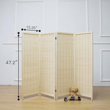4 Panel Short Room Divider Screen,Beige Freestanding Partition,Small Bamboo Panel Divider for Room Seperation,3.95 FT Tall