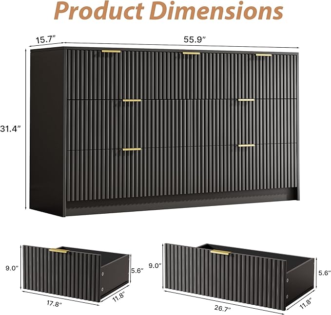 3-Piece Dresser Bedroom Set, 7 Drawer Dresser & 2 Drawer Nightstands with Gold Handles, Fluted Wood Chest of Drawers for Bedroom, Living Room, Entryway, Black