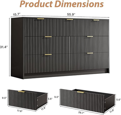 3-Piece Dresser Bedroom Set, 7 Drawer Dresser & 2 Drawer Nightstands with Gold Handles, Fluted Wood Chest of Drawers for Bedroom, Living Room, Entryway, Black