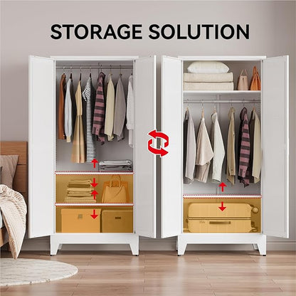 71" Tall Metal Armoire Wardrobe Closet with Removable Hanging Rod and Adjustable Shelves,White Armoire Wardrobe Cabinet for Bedroom Garage Laundry Room Office