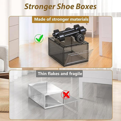 10 Pack Extra XX Large Hard Plastic Clear Stackable Shoe Storage Box Organizer for Closet, Thicken Sturdy Sneaker Shoe Rack Display Case Containers Bins with Lids and Magnetic Door, Grey