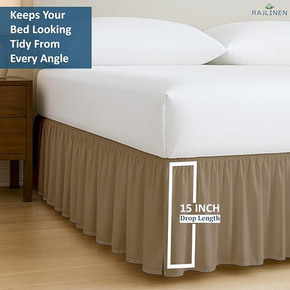 Rajlinen Ruffled Bed Skirt Full, 15 Inch Drop Dust Ruffle with Split Corners, 100% Microfiber Bedskirt with Platform, Three-Sided Coverage Ruffled Gathering Design, Taupe
