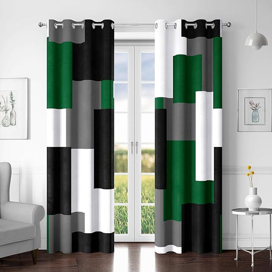 Green Blackout Curtains for Bedroom 96 inch Long 2 Panels Set Black Grey White Modern Abstract Geometric Black Out Curtains Insulated Room Darkening Window Drapes for Living Room, 52Wx96L