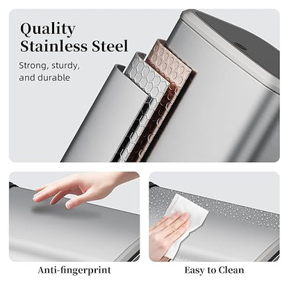 2.1 Gallon Bathroom Trash Can with Lid Press Top, 8 Liter Stainless Steel Garbage Can with Press Type Lid, Slim Trash Bin Waste Basket for Toilet, Office, Bedroom, Living Room (Silver)