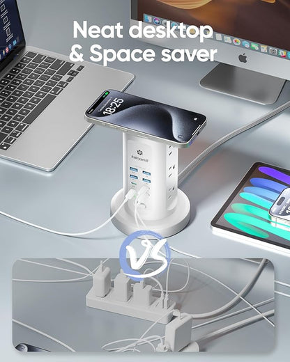 115W USB Charging Station, Surge Protector Power Strip Tower, 9 AC Outlets with 8 USB Ports(4 USB-C), 6Ft Flat Plug Retractable Extension Cord, for Home Office Dorm, White
