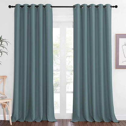 NICETOWN Patio Blackout Curtain Panels - Extra Wide Sliding Door Thermal Insulated Drape, Privacy Room Divider Curtain for Bedroom Office (Greyish Blue, 66 x 118 Inch Long)