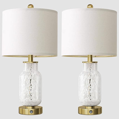 Oneach 22" Glass Table Lamps Set of 2, White Modern Bedside Lamp with LED Night Light for Living Room, Nightstand Lamp with USB Ports for Bedrooms, Study Room, End Table(2 Bulbs Included)