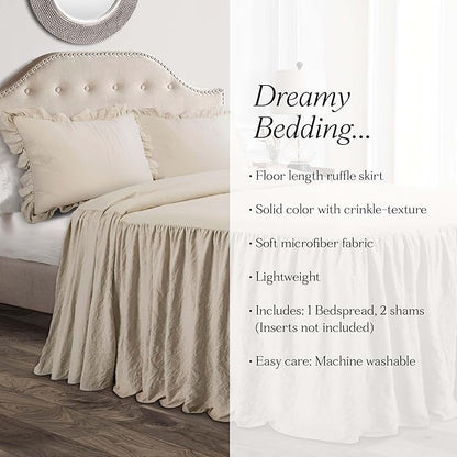 Lush Decor Ruffle Skirt Bedspread Set - 3-Piece Luxurious Farmhouse Bedding - Elegant Ruffle Detail - Timeless Style - Soft Lightweight Sheets - California King, Neutral