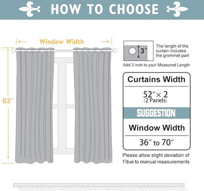 ChrisDowa 100% Blackout Curtains for Bedroom with Black Liner, 2 Thick Layers Total Blackout Thermal Insulated Grommet Window Curtains 2 Panels Set (Grey, 52 x 63 Inch)