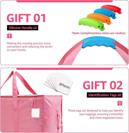 Moving Bags Heavy Duty Extra Large, Moving Boxes, Moving Supplies Essentials,Storage Bins with Lids, Plastic Packing Totes, Storage Bags for Clothes with Handles & Zippers(Pink, 8 Pack)