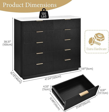 Fluted Drawers Dresser for Bedroom with 10 Drawers, 42'' Wide Mid Century Dressers with Faux Marble Top & Metal Handle, Wooden Chest of Drawers TV Stand, Natural Wood Closet Storage Organizer,Black