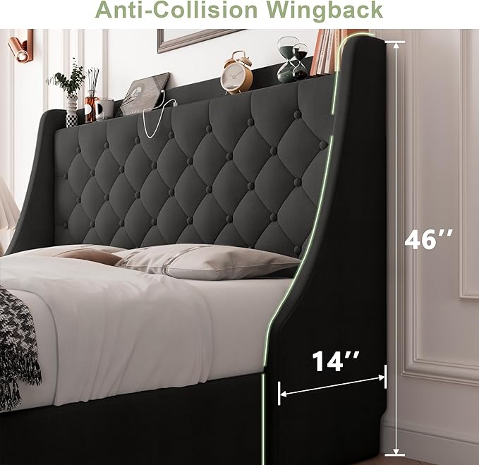 Feonase Upholstered Full Size Bed Frame with 4 Storage Drawers, Large Wingback Storage Headboard, No Box Spring Needed, Black