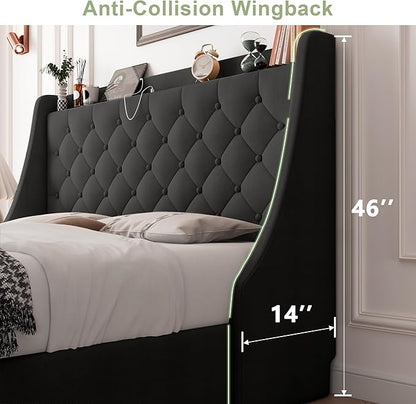 Feonase Upholstered Full Size Bed Frame with 4 Storage Drawers, Large Wingback Storage Headboard, No Box Spring Needed, Black