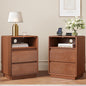 Solid Wood Nightstand Set of 2, Natural Wood Night Stand with Charging Station, Mid Century Modern Nightstand with 2 Drawers and Storage Shelf, Bedside Table for Bedroom, Office, Brown