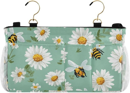 Bedside Caddy Hanging Bunk Bed Caddy Bed Organizer Hanging Pocket with 2 Hooks Bedside Storage Organizer Pocket Bag Holder Mint Green Daisy Flowers and Bees