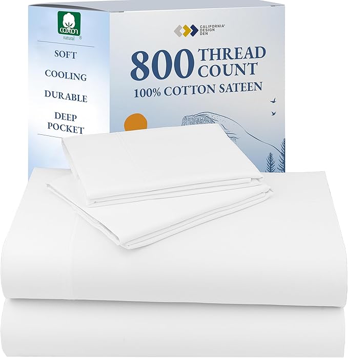 Luxury White California King Size Bed Sheets Set - Buttery Soft 800 Thread Count 100% Cotton Sheets Sateen, Deep Pockets, Durable Bedding Set - White