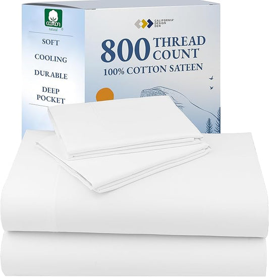 Luxury White California King Size Bed Sheets Set - Buttery Soft 800 Thread Count 100% Cotton Sheets Sateen, Deep Pockets, Durable Bedding Set - White
