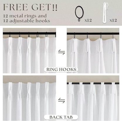 Pinch Pleated Extra Wide Linen Curtains 84 Inches Long for Patio Sliding Glass Door White 60 Inch Wide Pleated Drapes with Hooks Rings Neutral Semi Sheer 60x84 Curtain for Living Room 1 Panel