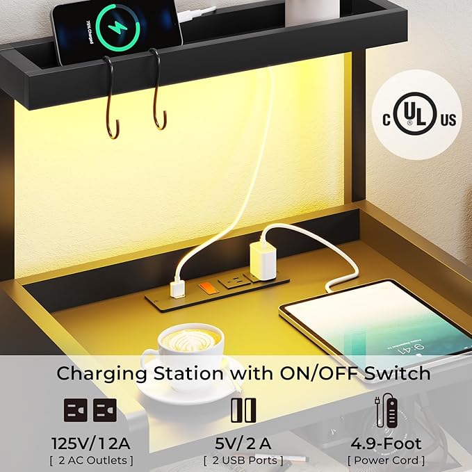 VIAGDO Nightstand with Charging Station and LED Lights, Black Night Stand with Drawer, Modern End Side Table with Open Storage Shelves, Bedside Tables for Bedroom, Office