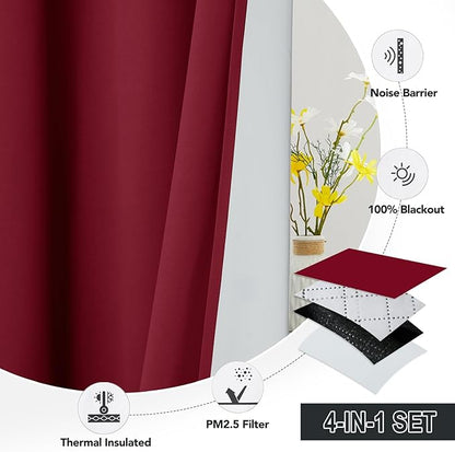 RYB HOME Soundproof & Dust Particle Filtering Curtains Blackout Window Treatment for Bedroom Living Room Divider Nursery Daytime Sleeping Patio Door, Burgundy Red, W52 x L 102 inch, 2 Panels