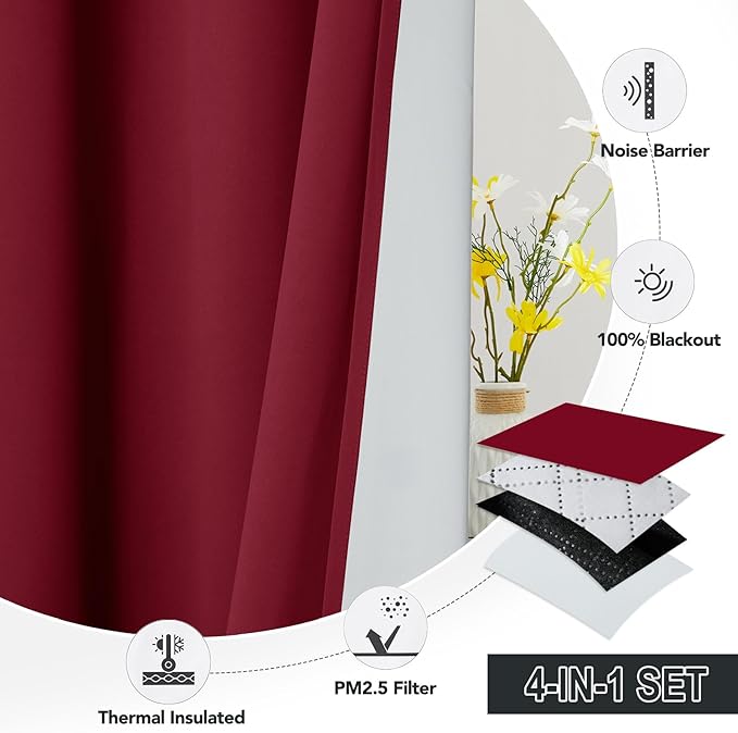 RYB HOME Soundproof & Dust Particle Filtering Curtains Blackout Window Treatment for Bedroom Living Room Divider Nursery Daytime Sleeping Patio Door, Burgundy Red, W52 x L 108 inch, 2 Panels