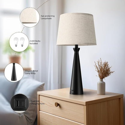 Seealle Modern Table Lamps Set of 2 - Touch Bedside Lamp for Nightstand with Dual USB C+A,3-Way Dimmable Black Nightstand Lamps for Living Room Bedroom End Table with Beige Shade(Bulb Included)