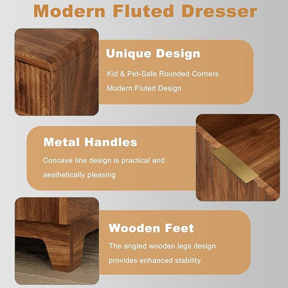 3 Pcs Bedroom Furniture Set, 8 Drawer Fluted Dresser and Nightstand Set of 2 with Charging Station, Modern Bed Side Table Chest of Drawers Storage Cabinet Set for Bedroom, Living Room, Walnut