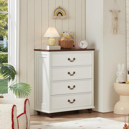 Farmhouse 4 Drawer Dresser Set of 2 for Bedroom, 37" Tall Rustic Chests of Drawers w/ 4 Solid Wood Feet, Mid Century Vintage Wooden Closet Storage Dressers Organizer for Living Room, White