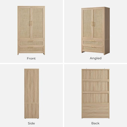SICOTAS Rattan Armoire Wardrobe Closet Cabinet, 71" Wardrobe Storage Cabinet with 2 Drawers, and Hanging Rod, Boho Large-Capacity Deep Armoire Clothes Organizer for Bedroom, Cloak Room, Light Oak
