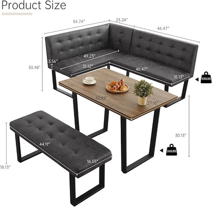 3-Piece Corner Dining Table Set with Bench, 70 Inch Space-Saving Breakfast Nook for Kitchen & Dining Room(Walnut Table & R-Seat Grey Bench)