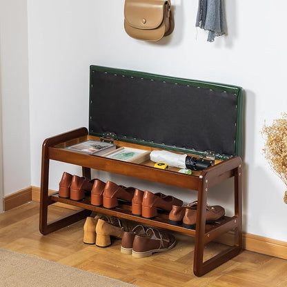 latifolia Solid Wood Bench, Entryway Shoe Bench with Cushion, Flip-Open Storage Compartment, 2-Tier Shoe Organizer(Green,31.50''L)