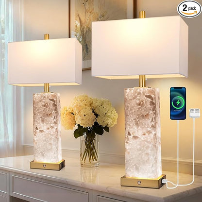 2-Pack 25.6" Alabaster Lamps, Marble Lamp Nightstand Lamps Set of 2, 3-Color Temperatures Bedside Lamps with Nightlight, Modern Table Lamp with USB Ports for Living Room Bedroom Hotel, Bulbs Included
