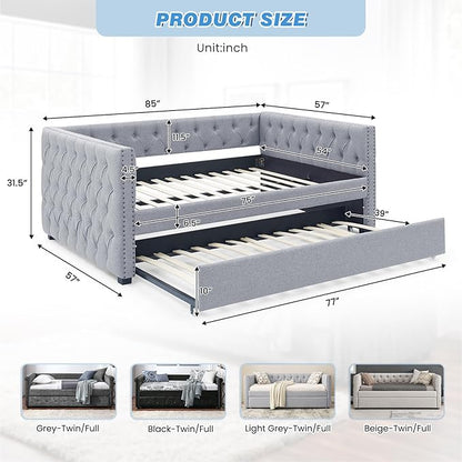 Daybed with Trundle, Modern Upholstered Full Size Day Bed Button-Tufted Sofa Daybed Frame with A Roll-Out Trundle, No Box Spring Needed, Furniture for Bedroom Living Room Guest Room (Light Grey, Full)