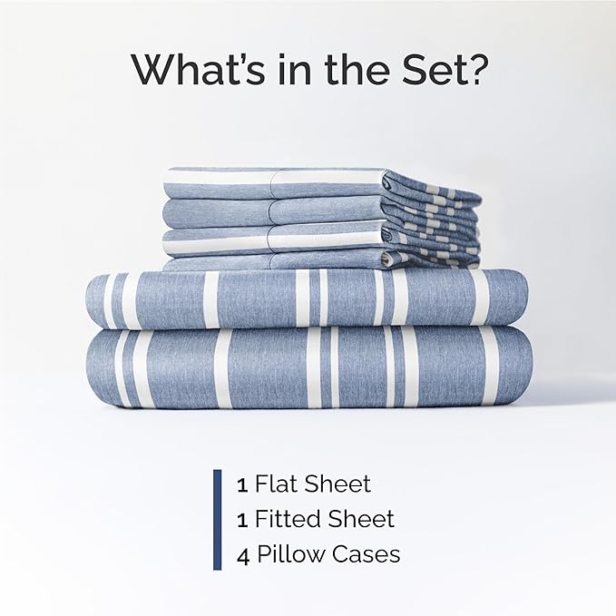 Full 6 Piece Sheet Set - Cooling, Comfy & Breathable - Hotel Luxury Bedding, Includes Fitted Sheet for Women, Men, Kids & Teens - 1 Flat, 1 Fitted Sheet, 4 Pillowcases w/Deep Pockets - Blue Stripes