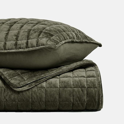 RECYCO Luxury Velvet Quilt Set Full Queen Size, Lightweight Velvet Comforter Set, Oversized Bedspread Coverlet Quilted Bedding Set, with 2 Matching Pillow Shams, for All Season, Olive Green