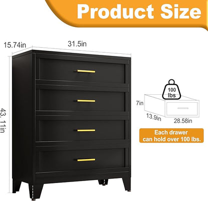 Black Dresser, Metal Tall Dresser for Bedroom, 43.11" H Dressers & Chests of Drawers, 4 Drawer Dressers for Living Room, Entryway, Hallyway (Black, 4 Drawers)