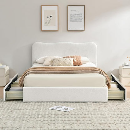 VELOCAVA Full Size Storage Bed with 4 Drawers, Modern Upholstered Bouclé Platform Frame with Curved Headboard, Rounded Corners, Wood Slats, No Box Spring Needed, Cream White